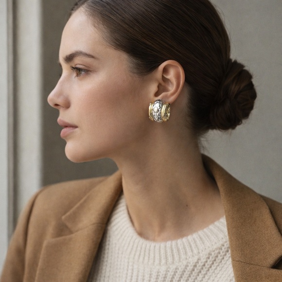 Givenchy Jewelry - Vintage Givenchy Two Tone Dome Clip Earrings Gold Silver Ribbed Designer 90s